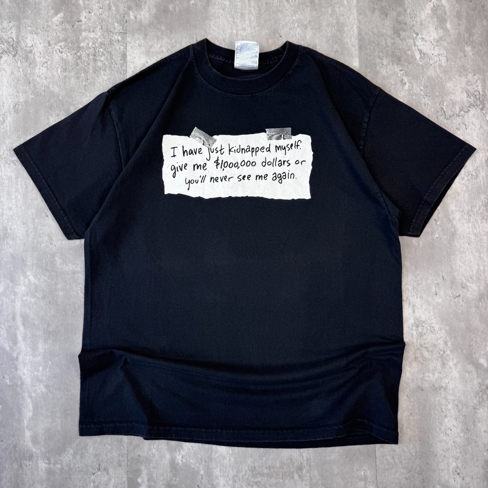 Vintage Kidnapped Myself Ransom Note T-Shirt Mens L Black Funny Graphic Y2K